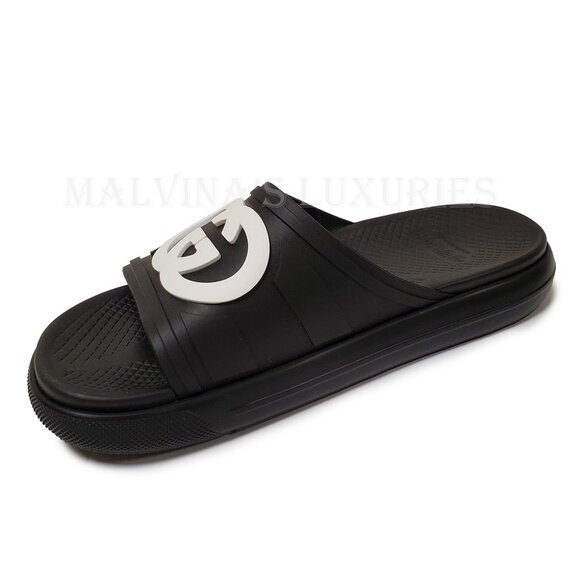 GUCCI SHOES MEN WHITE INTERLOCKING G LOGO BLACK RUBBER SLIDES sz 9 / 9.5 - Picture 10 of 15